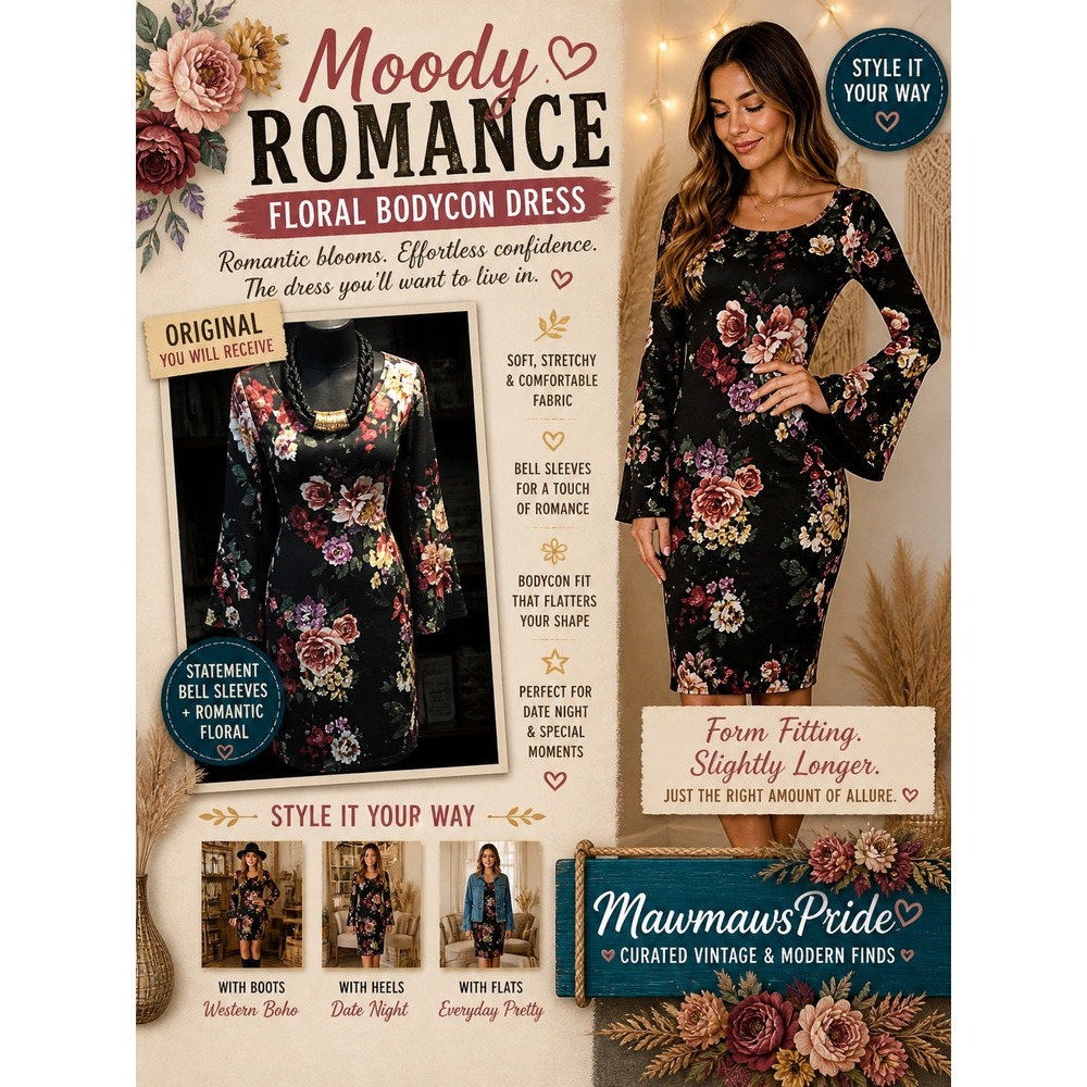 IRIS Women Black Floral Bodycon Dress Bell Sleeve Moody Romance Size M
